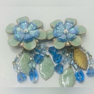 HANDMADE CLIP ON EARRINGS —FLOWERS Greens Teals 3-D w/ 5 DANGLES BEADS  LEAVES